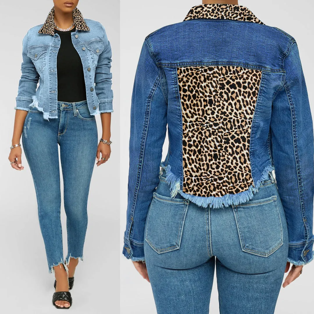 Denim Leopard Patchwork Button Design Long Sleeve Coat