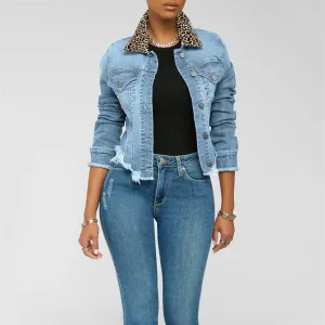 Denim Leopard Patchwork Button Design Long Sleeve Coat