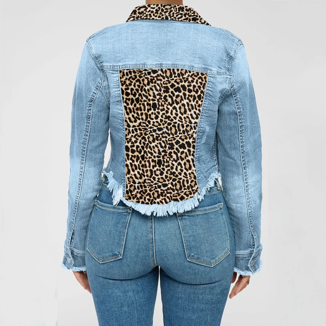 Denim Leopard Patchwork Button Design Long Sleeve Coat