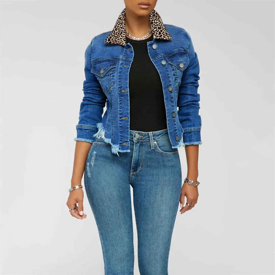 Denim Leopard Patchwork Button Design Long Sleeve Coat