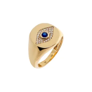 Diamond X Sapphire Blue Evil Eye Signet Pinky Ring 14K
