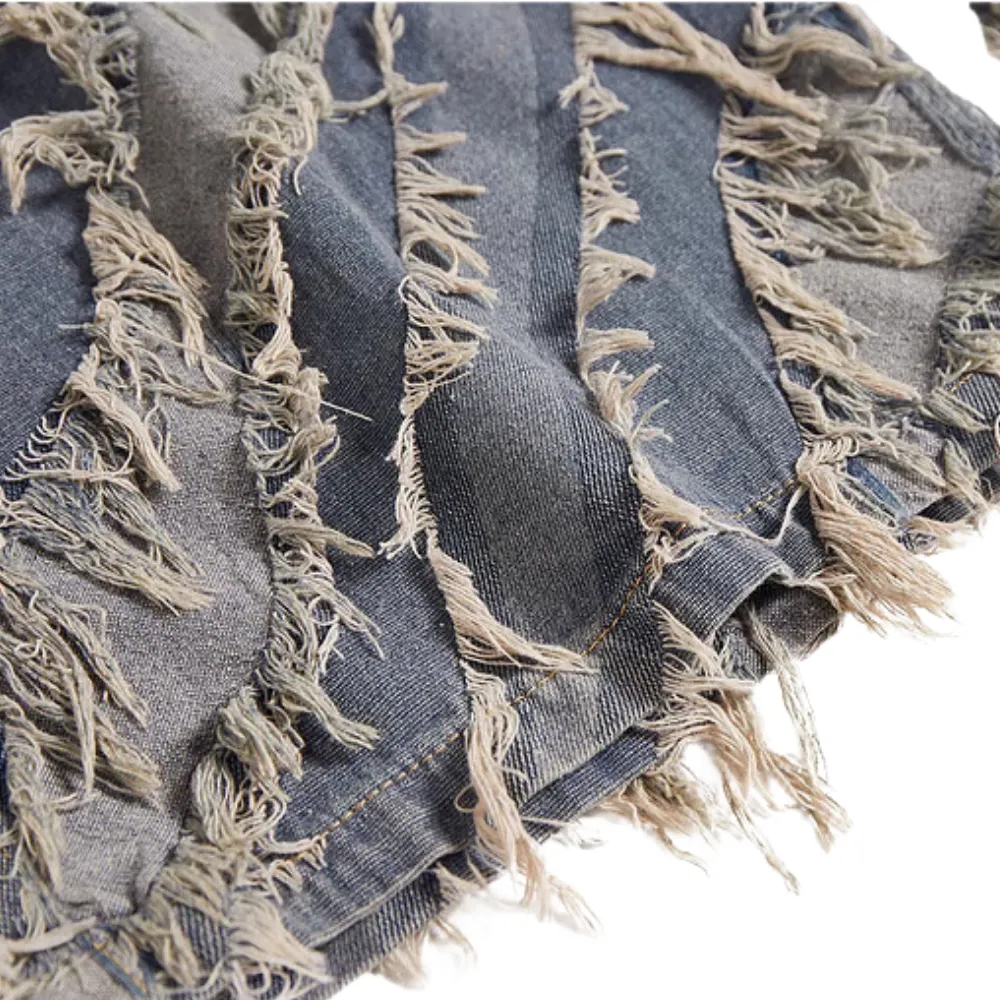 Distressed Fringed Raw Edge Denim Jacket