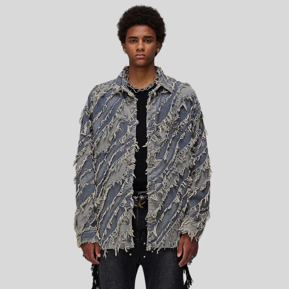Distressed Fringed Raw Edge Denim Jacket
