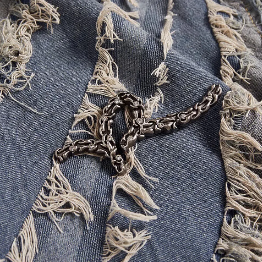 Distressed Fringed Raw Edge Denim Jacket