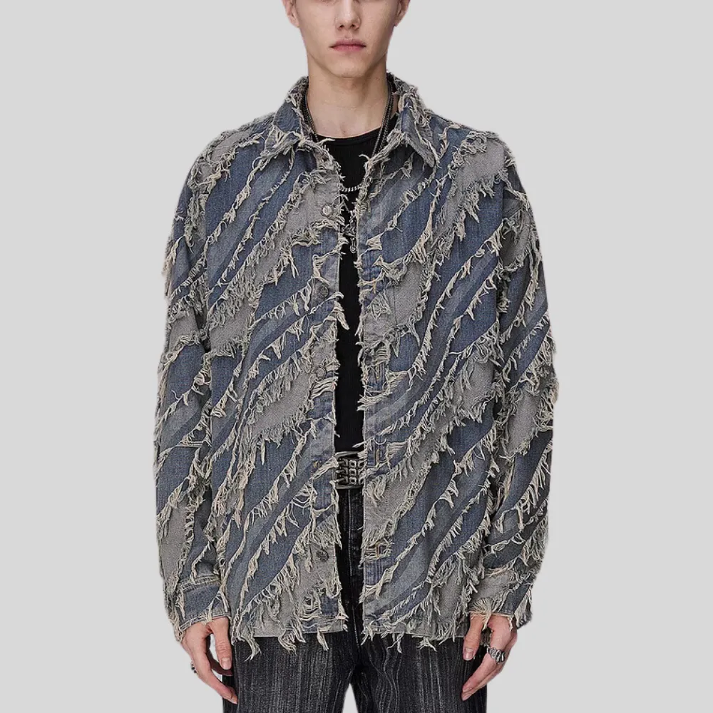 Distressed Fringed Raw Edge Denim Jacket