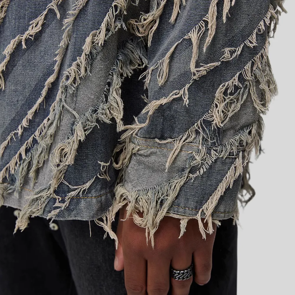 Distressed Fringed Raw Edge Denim Jacket