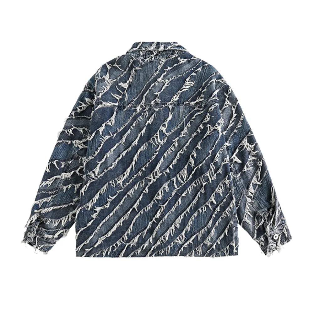 Distressed Fringed Raw Edge Denim Jacket