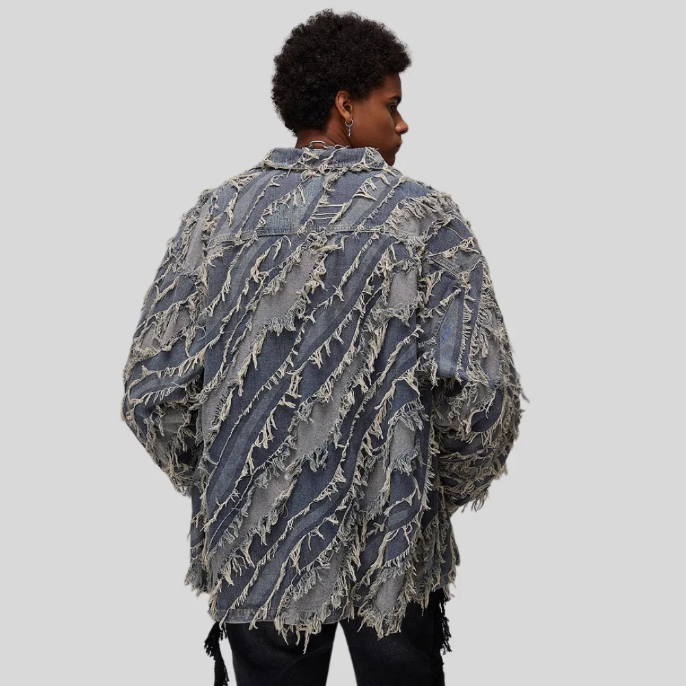 Distressed Fringed Raw Edge Denim Jacket