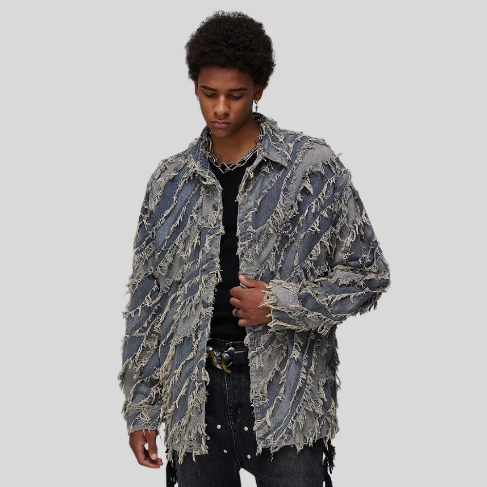 Distressed Fringed Raw Edge Denim Jacket