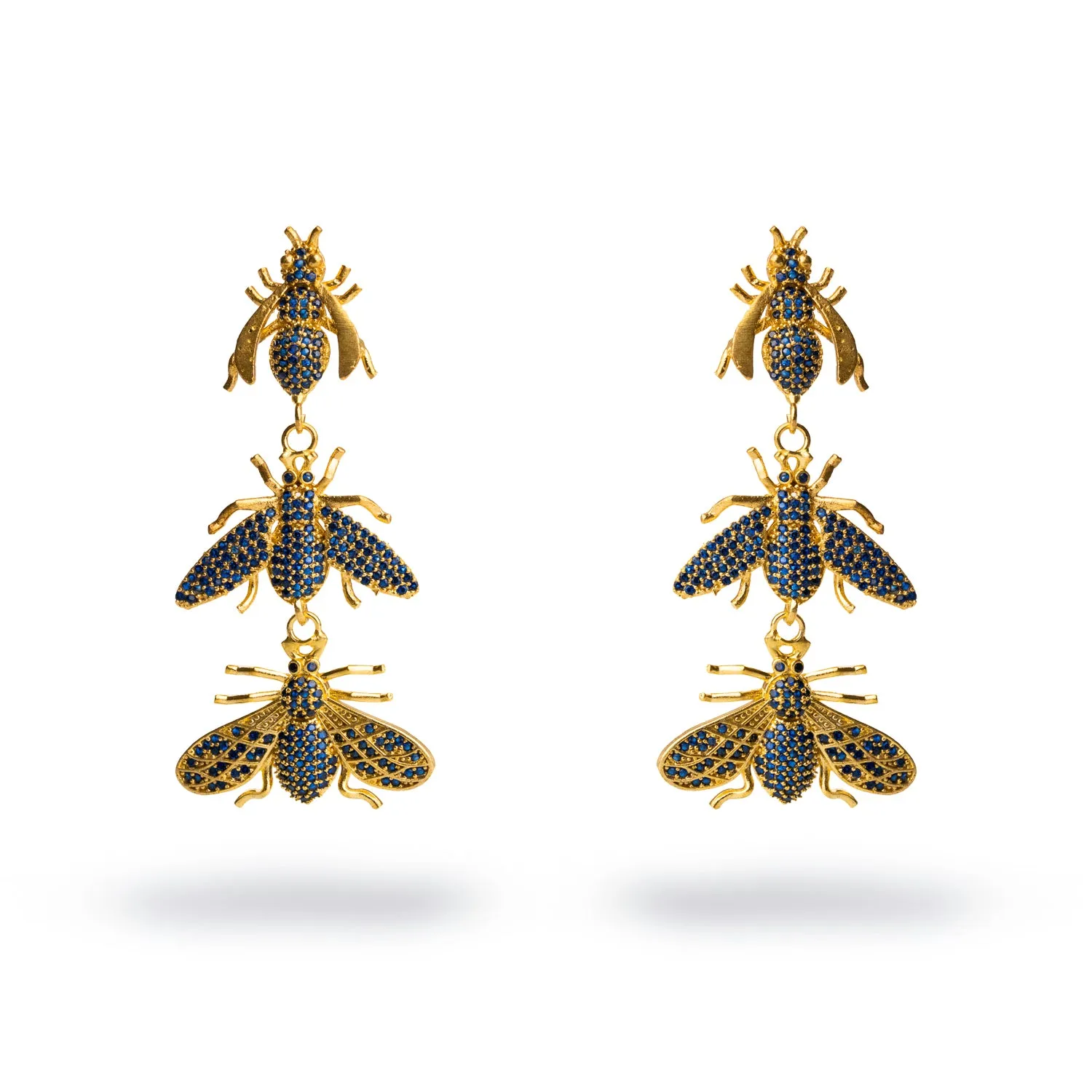 Divine Connection Trio Queen Bee Sapphire & Gold Dangle Earrings
