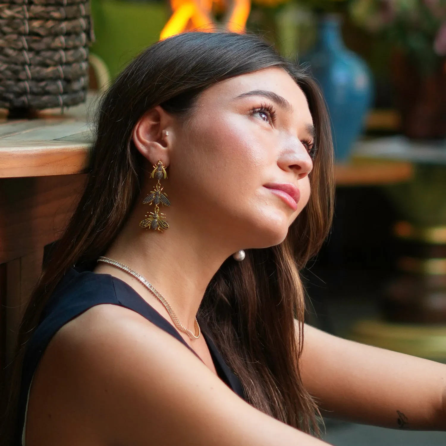 Divine Connection Trio Queen Bee Sapphire & Gold Dangle Earrings