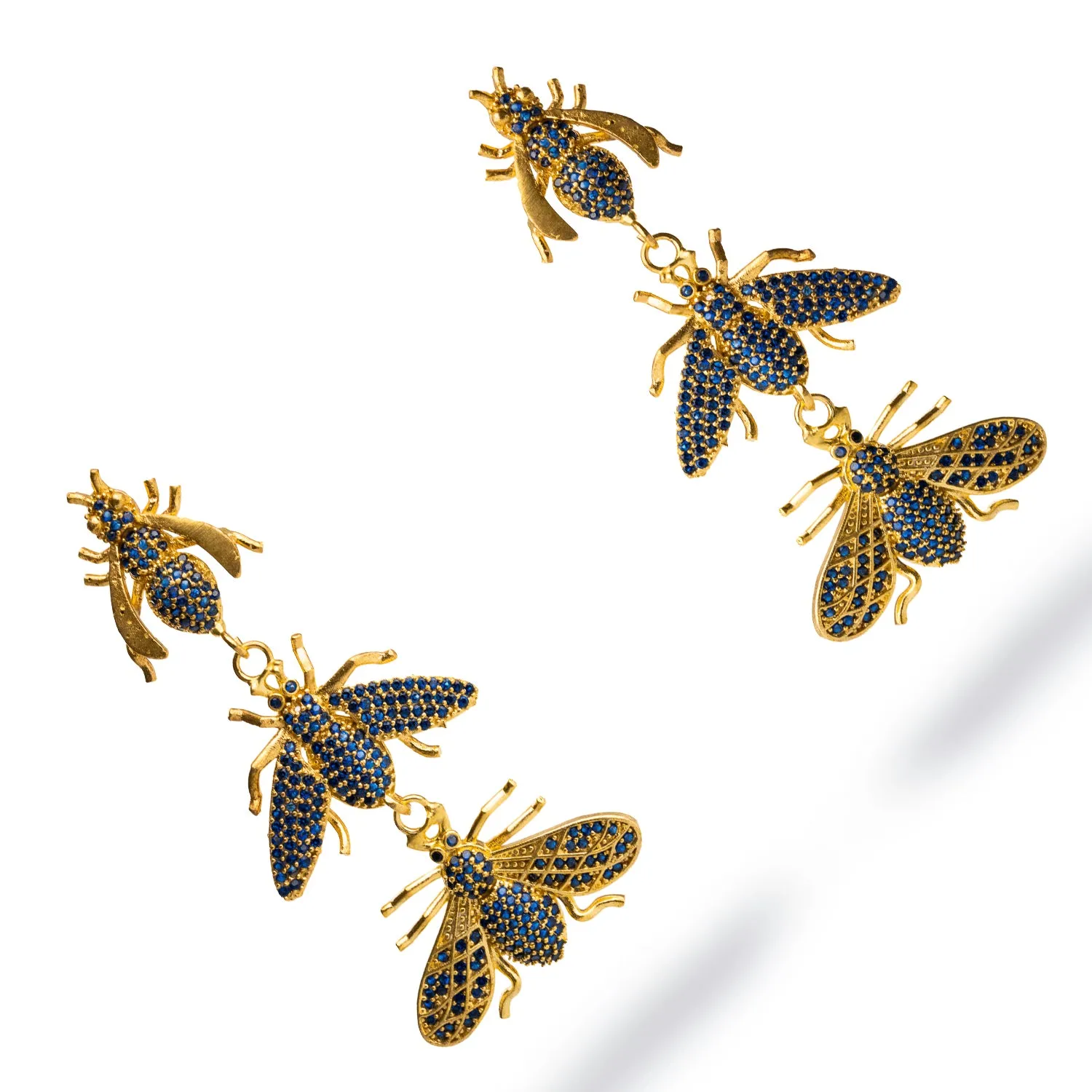 Divine Connection Trio Queen Bee Sapphire & Gold Dangle Earrings