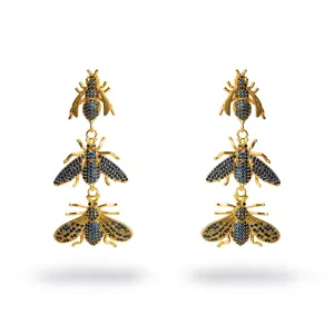 Divine Connection Trio Queen Bee Sapphire & Gold Dangle Earrings