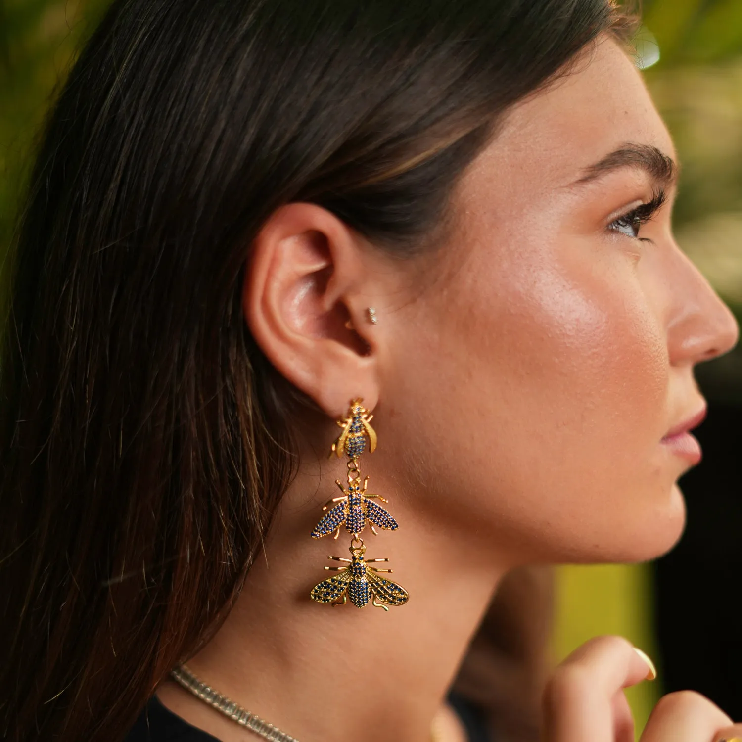 Divine Connection Trio Queen Bee Sapphire & Gold Dangle Earrings