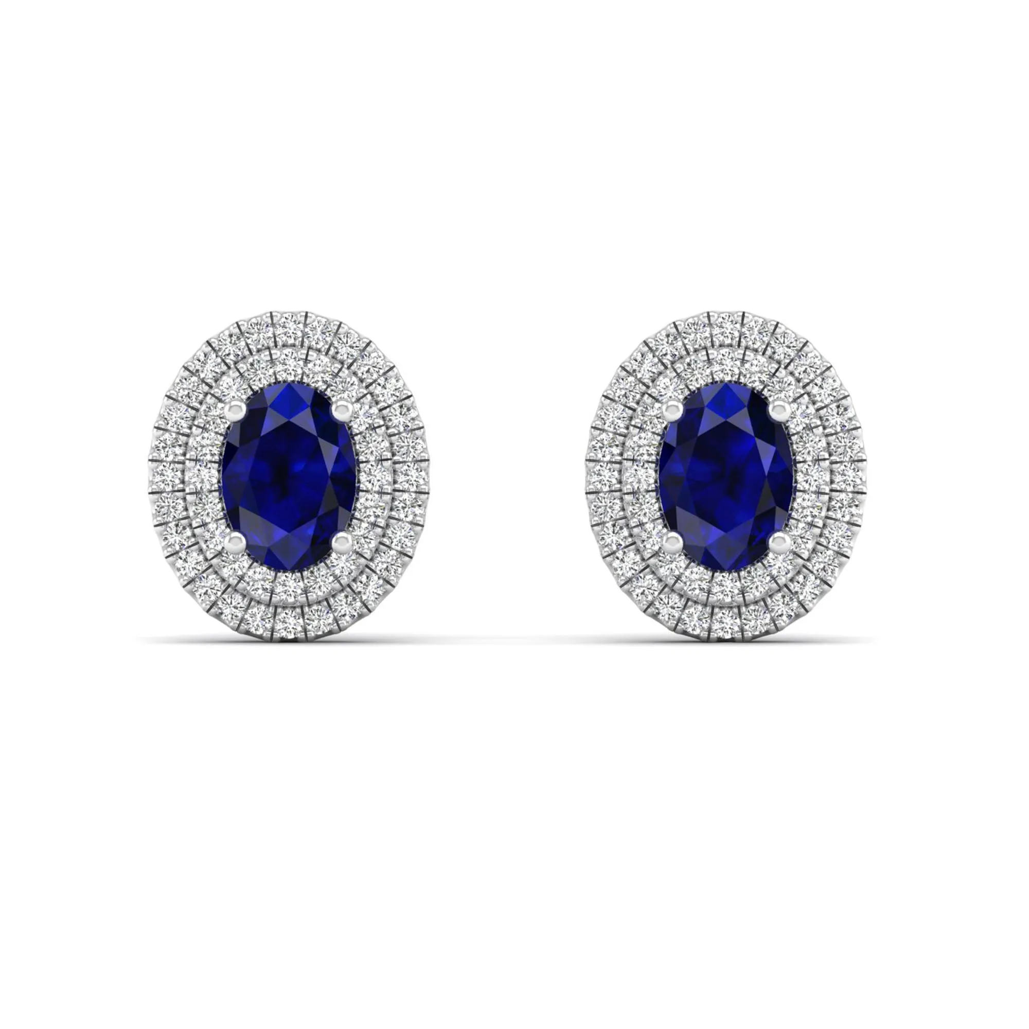 Double Halo Oval Sapphire and Diamond Studs Earrings