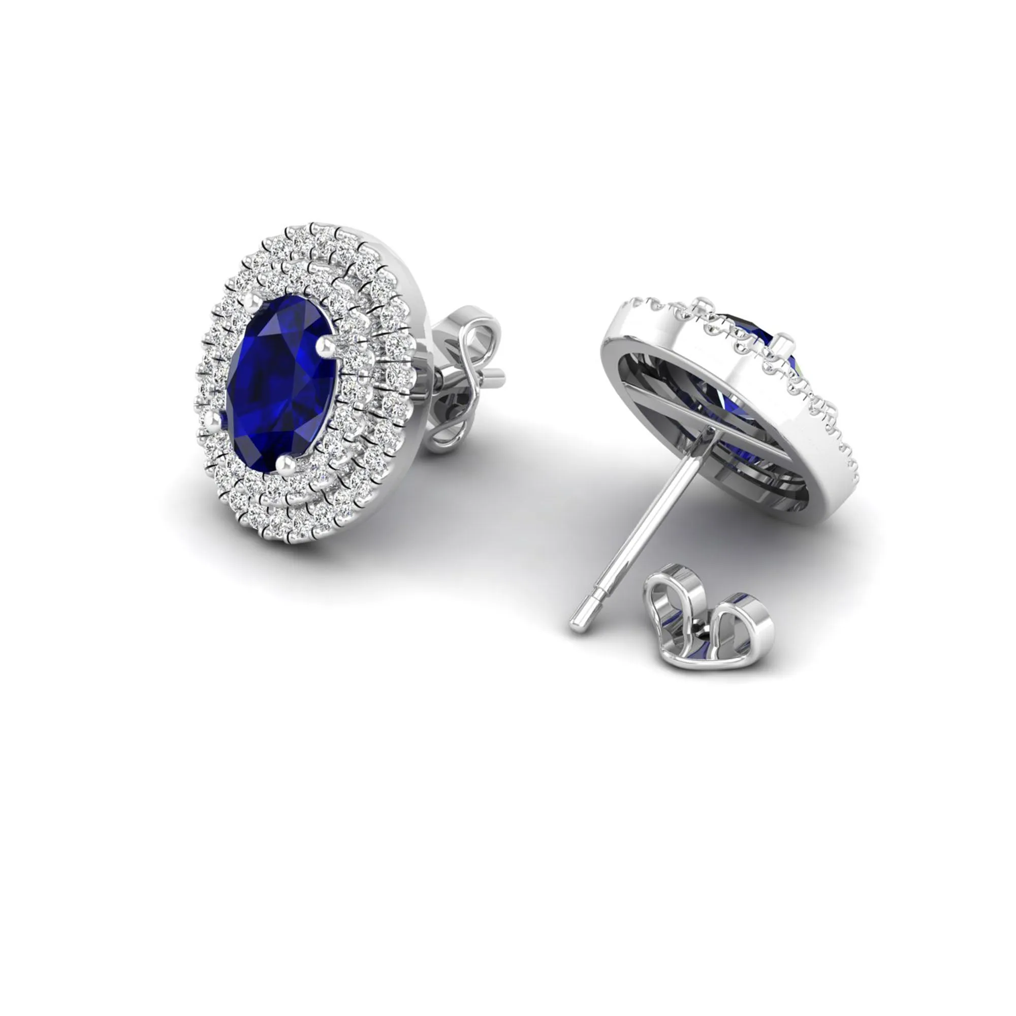 Double Halo Oval Sapphire and Diamond Studs Earrings