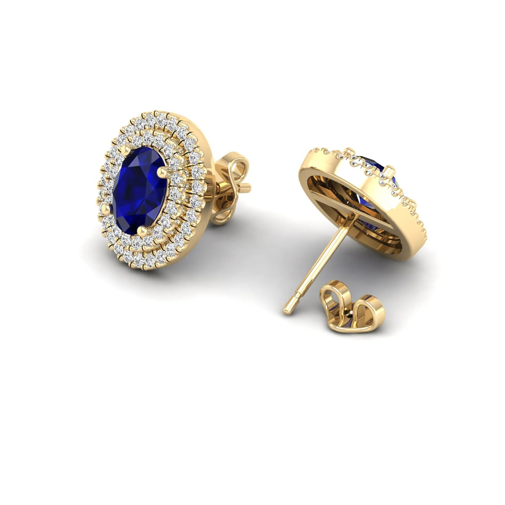 Double Halo Oval Sapphire and Diamond Studs Earrings