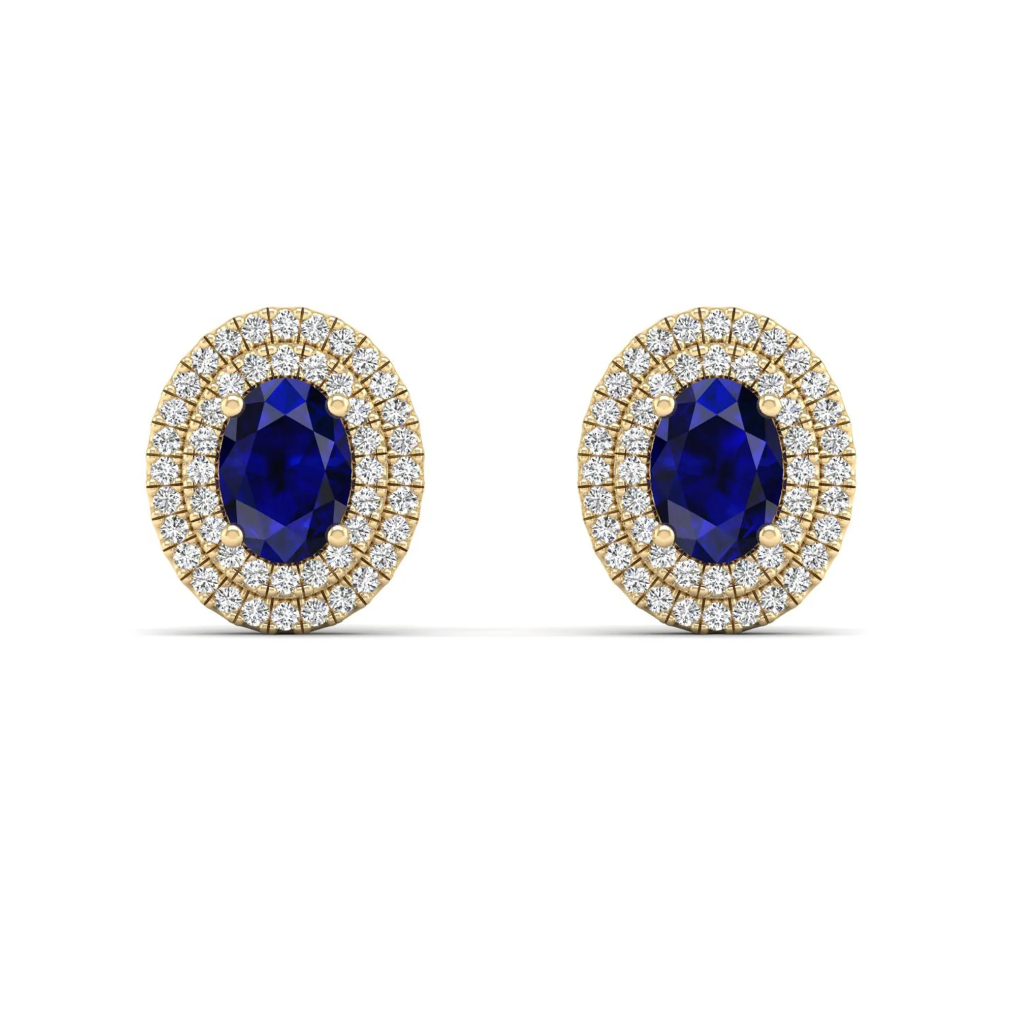 Double Halo Oval Sapphire and Diamond Studs Earrings