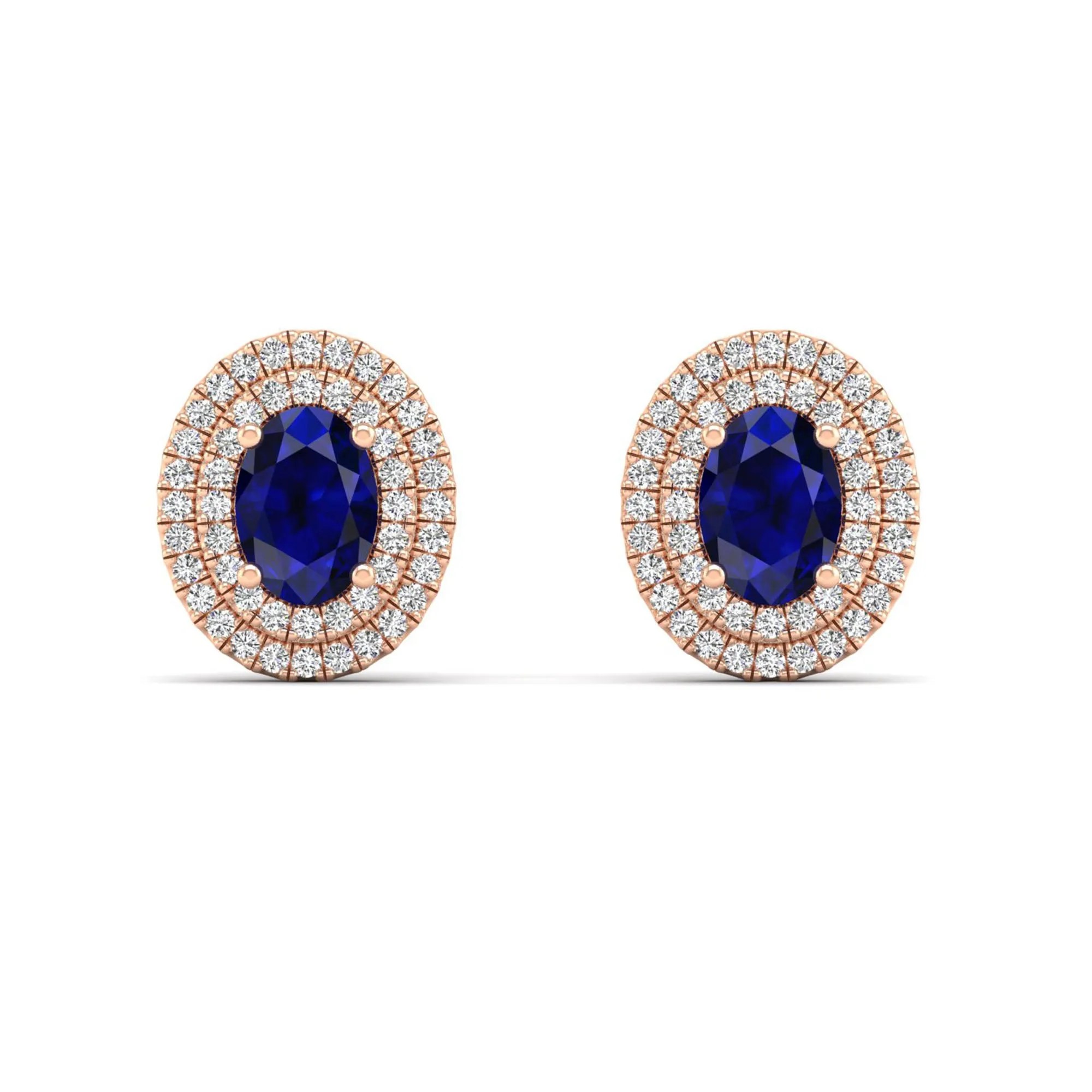 Double Halo Oval Sapphire and Diamond Studs Earrings