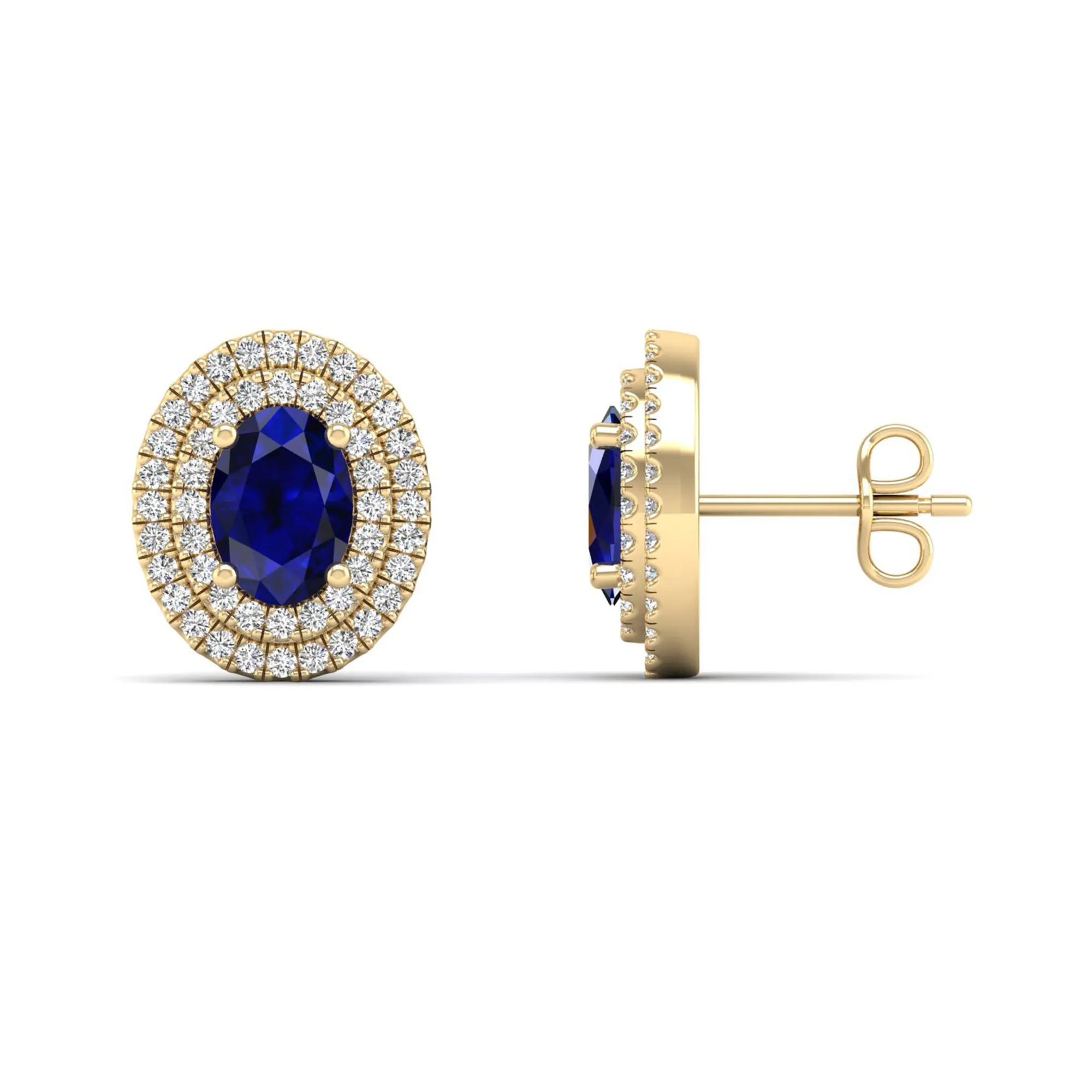 Double Halo Oval Sapphire and Diamond Studs Earrings