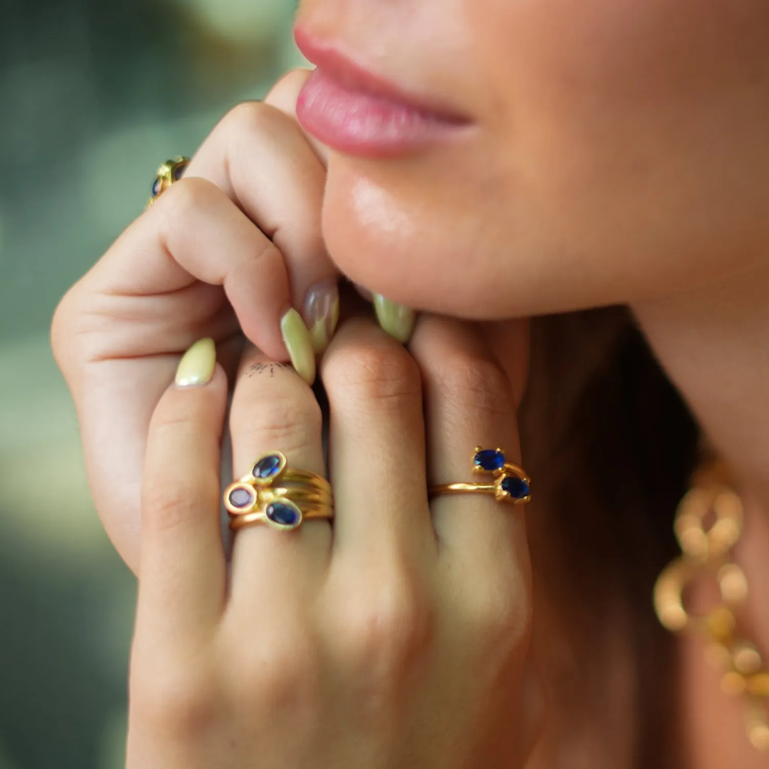 Double Sapphire Stone & Gold Dainty Adjustable Ring