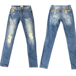 Driftwood Marilyn Aztec Embroidered Distressed Blue Denim Skinny Jeans Size 24