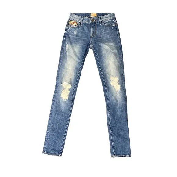 Driftwood Marilyn Aztec Embroidered Distressed Blue Denim Skinny Jeans Size 24