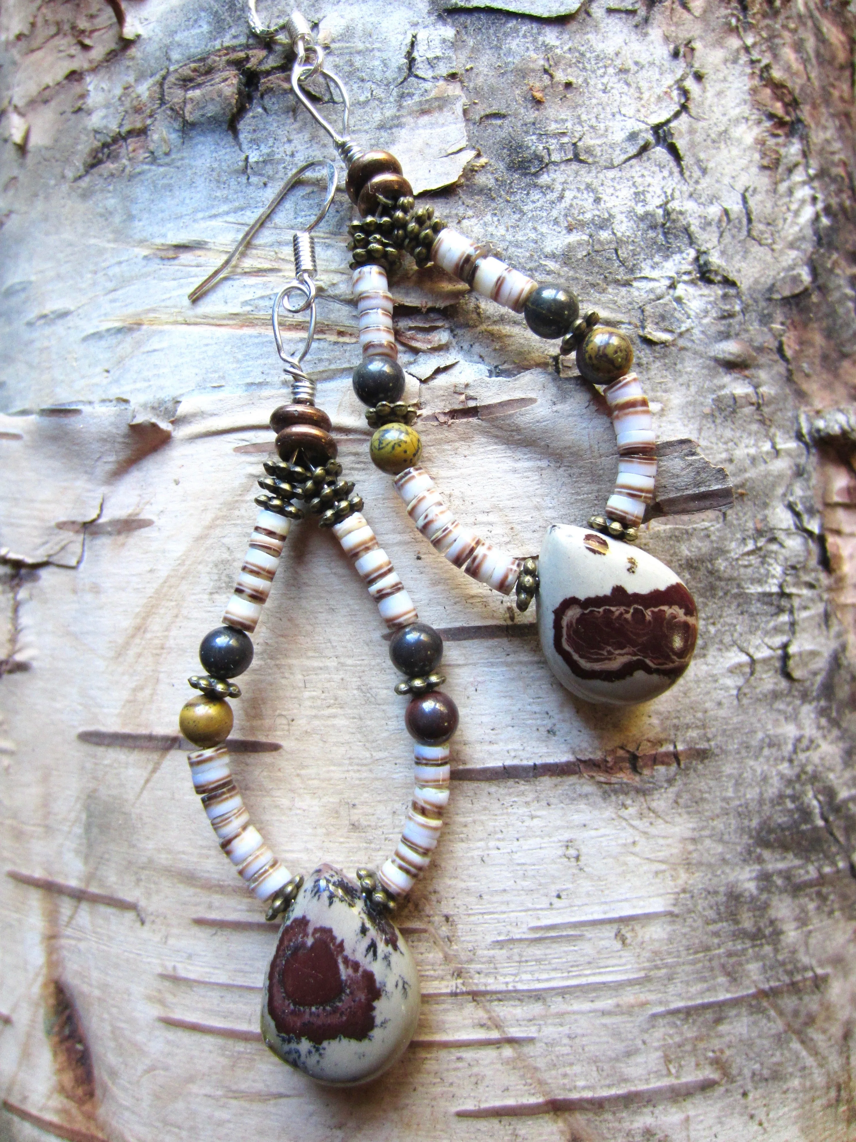 Earthy Jasper and White Clamshell Heishe Loops