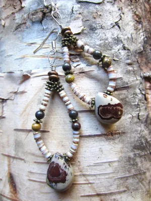 Earthy Jasper and White Clamshell Heishe Loops