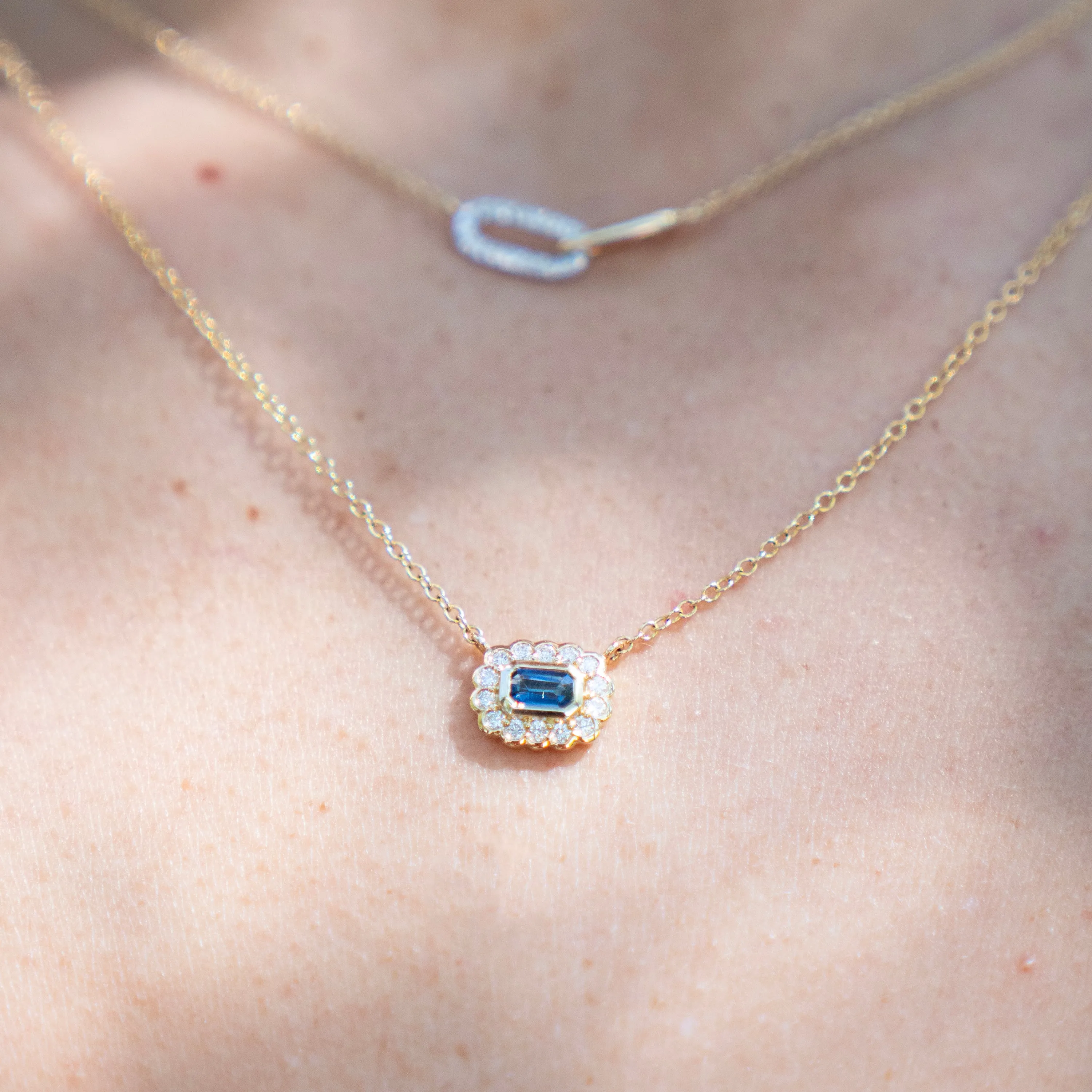 Emerald Cut Blue Grey Sapphire and Diamond Necklace