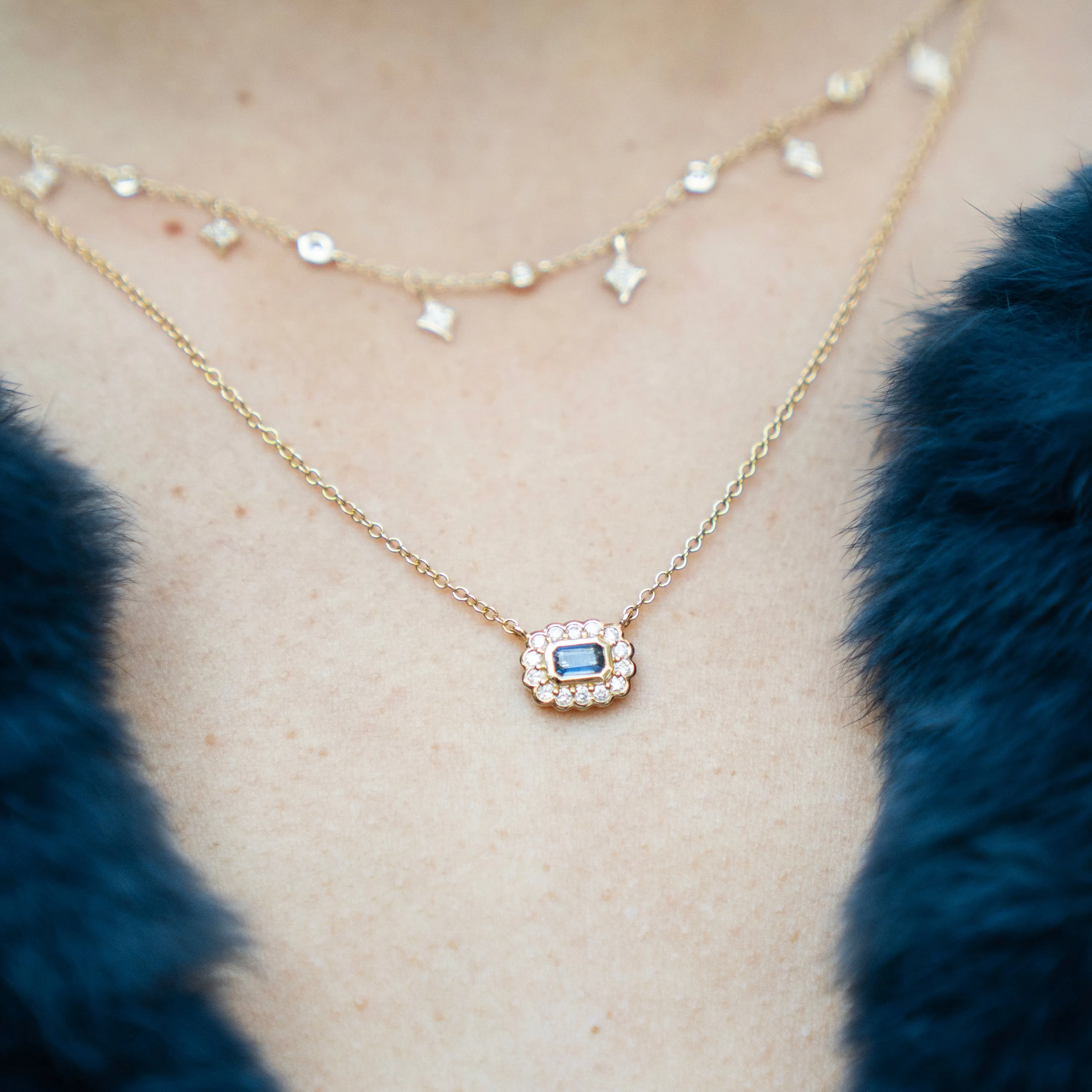 Emerald Cut Blue Grey Sapphire and Diamond Necklace