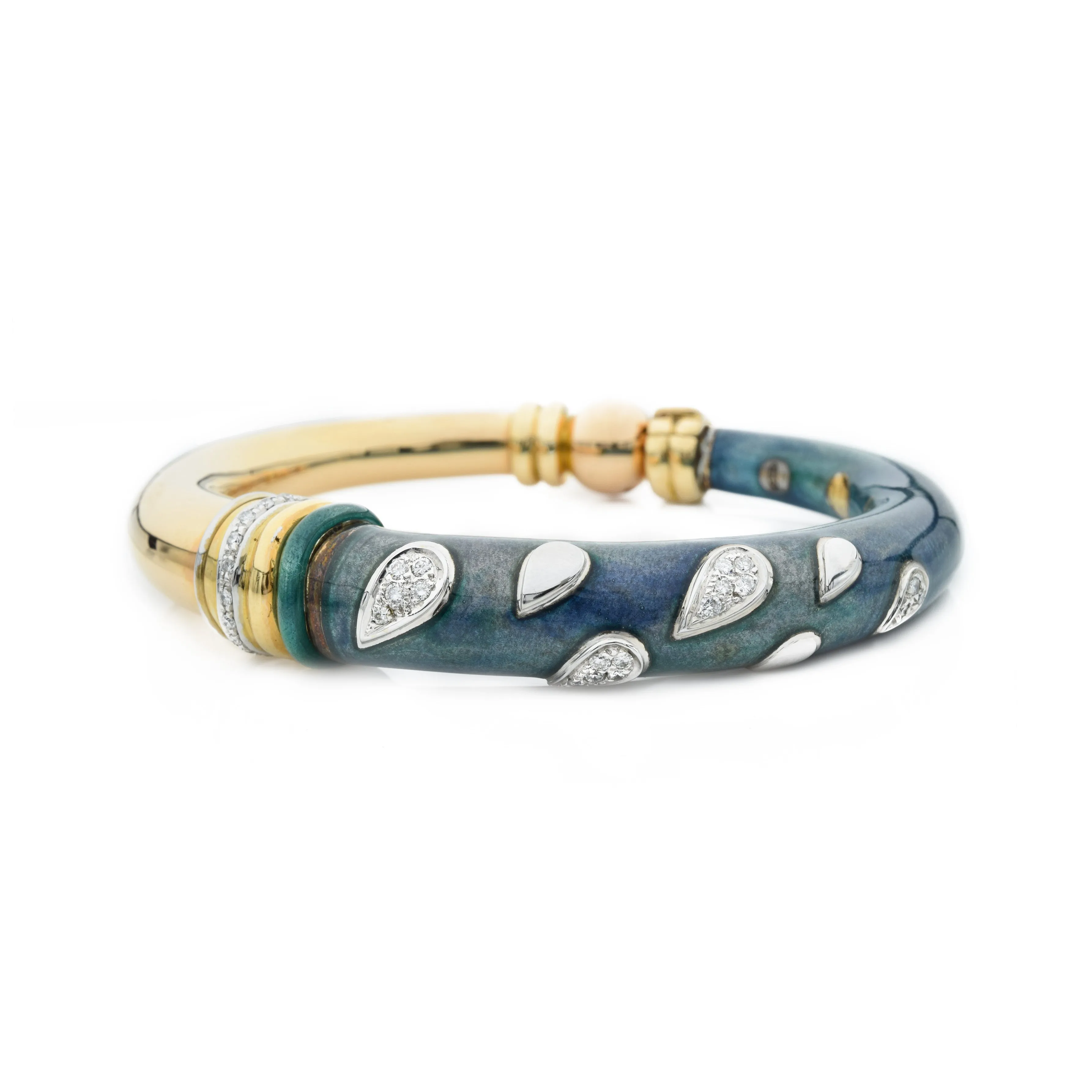 Estate 18KT Yellow Gold Enamel And Diamond Bangle