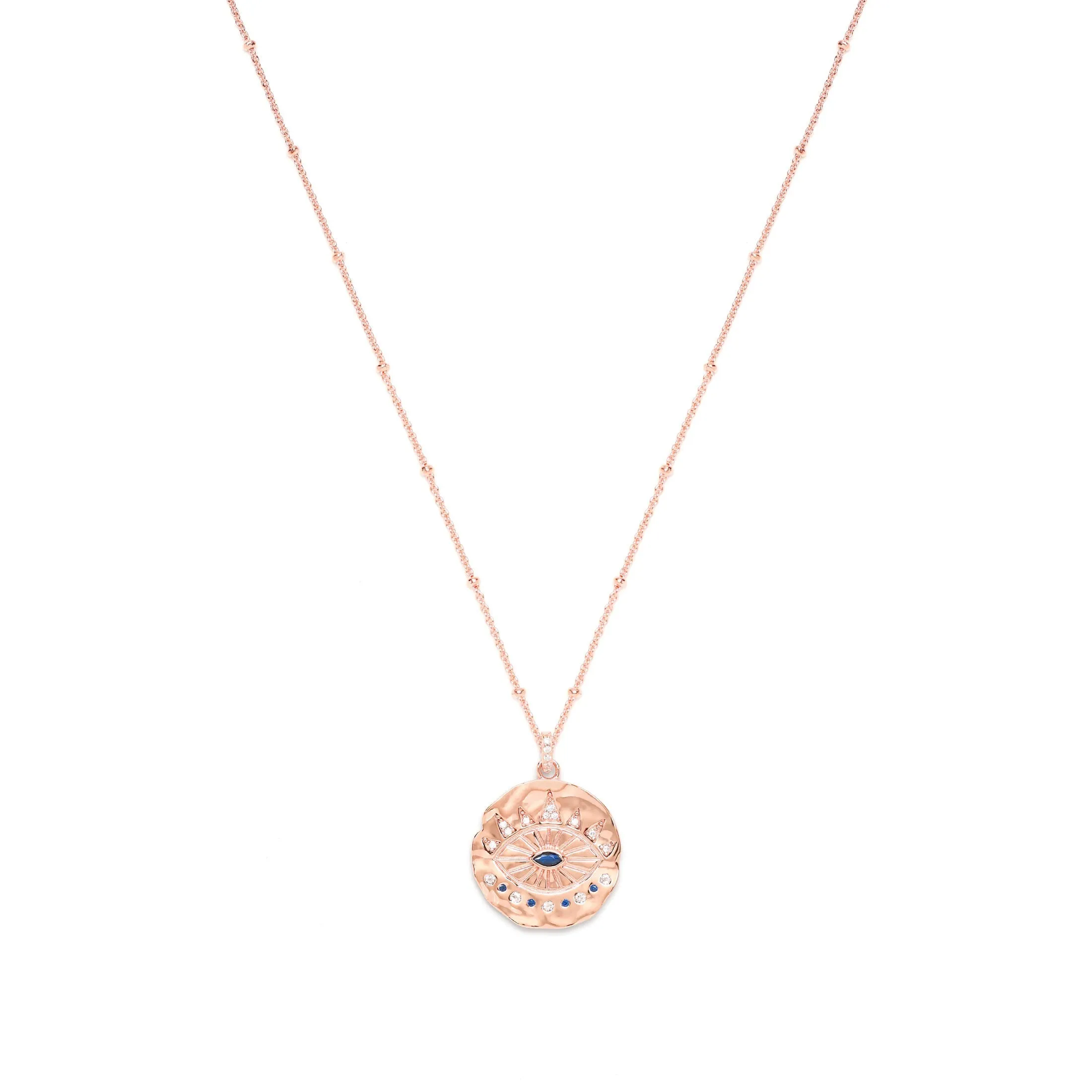 Evil Eye Protection Necklace, Rose Gold over Sterling Silver with Sapphire and White Topaz, High Polish Finish
