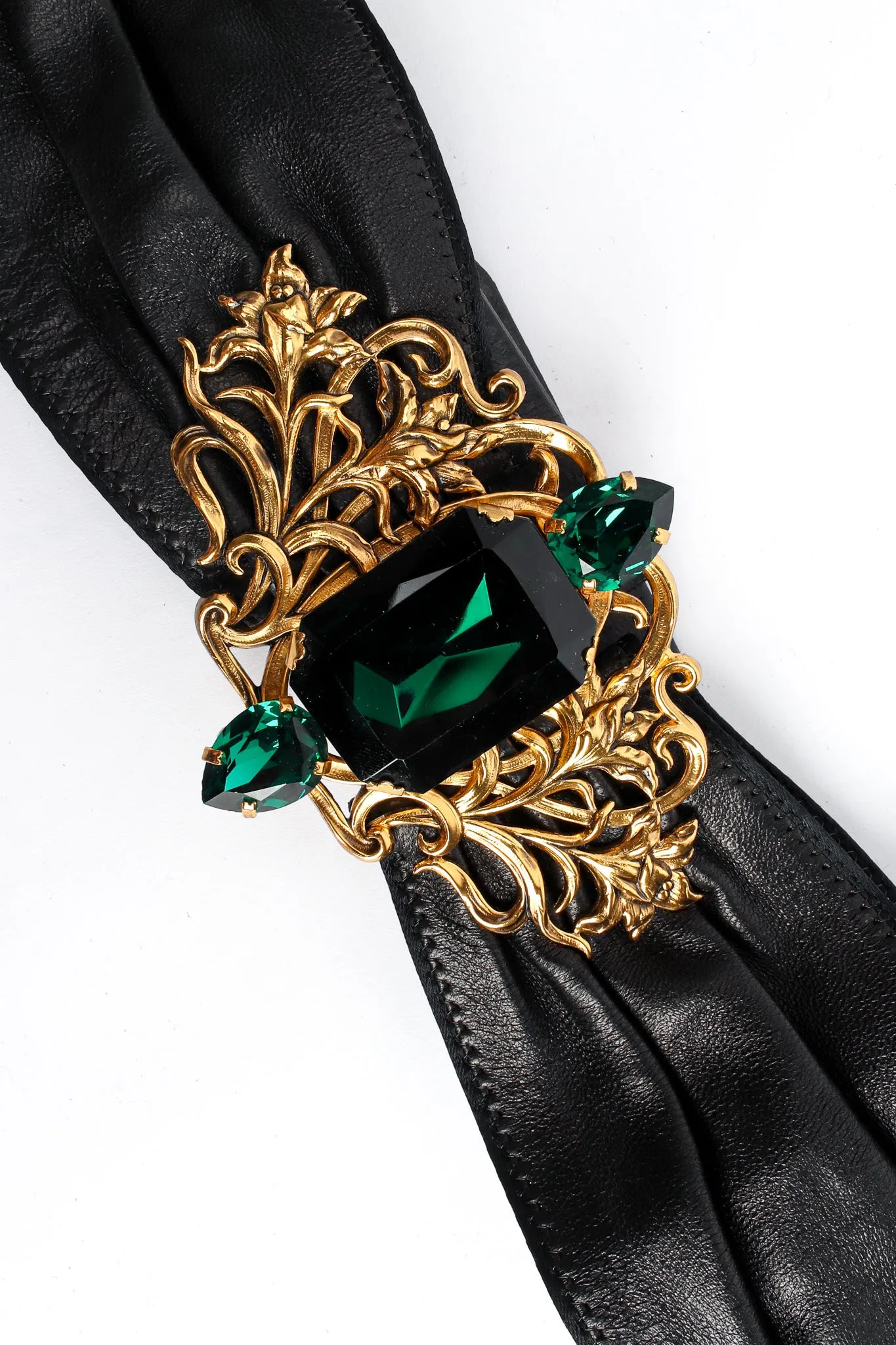 Filigree Emerald Crystal Leather Sash Belt