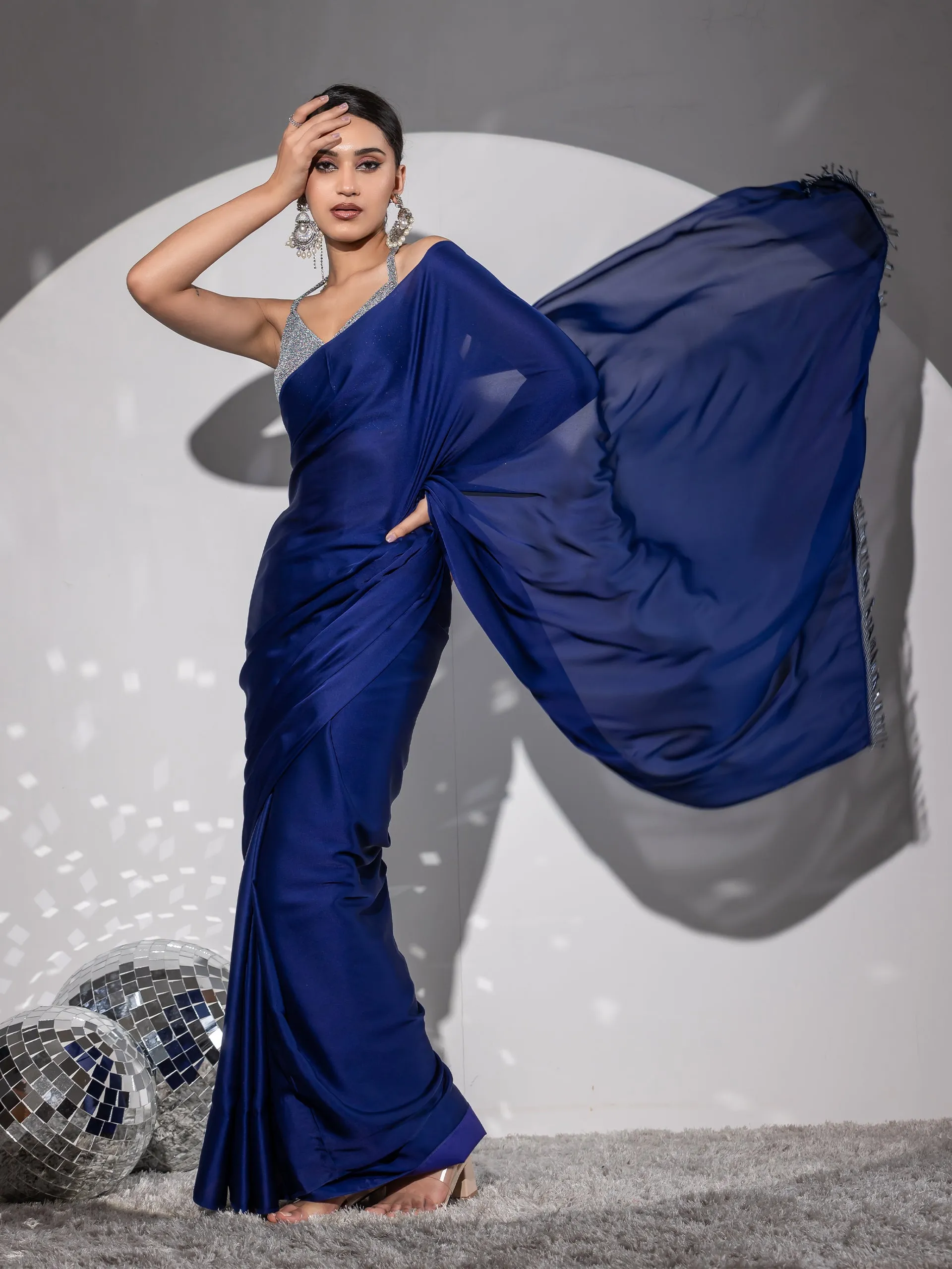 Fire Sapphire Blue Satin Saree with Lace