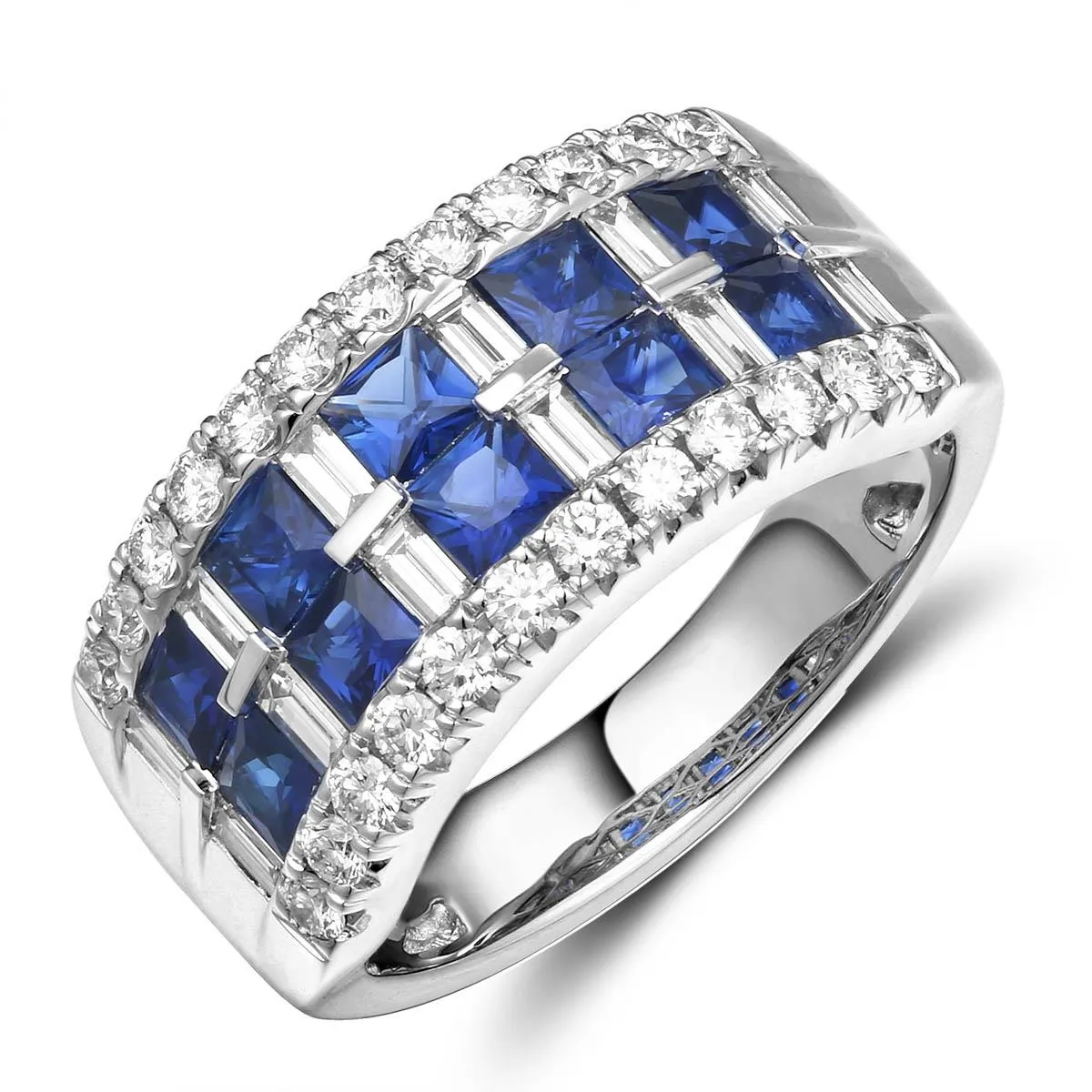 Five Stone Princess Cut Double Row Blue Sapphire & Diamond Ring