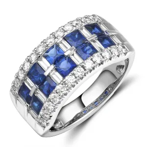 Five Stone Princess Cut Double Row Blue Sapphire & Diamond Ring