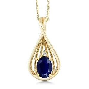 Gem Stone King 10K Yellow Gold Blue Sapphire and Diamond Teardrop Pendant Necklace For Women 0.55 cttw Oval with 18 Inch Chain