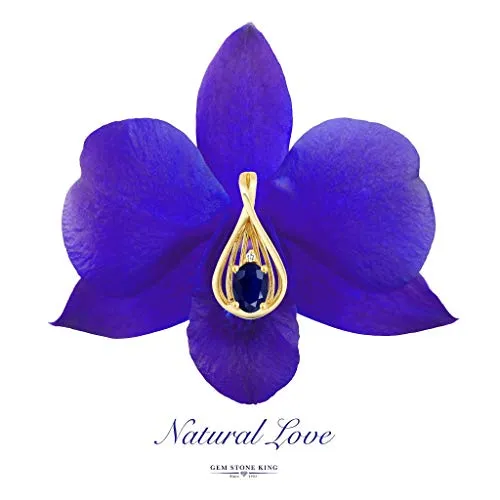 Gem Stone King 10K Yellow Gold Blue Sapphire and Diamond Teardrop Pendant Necklace For Women 0.55 cttw Oval with 18 Inch Chain