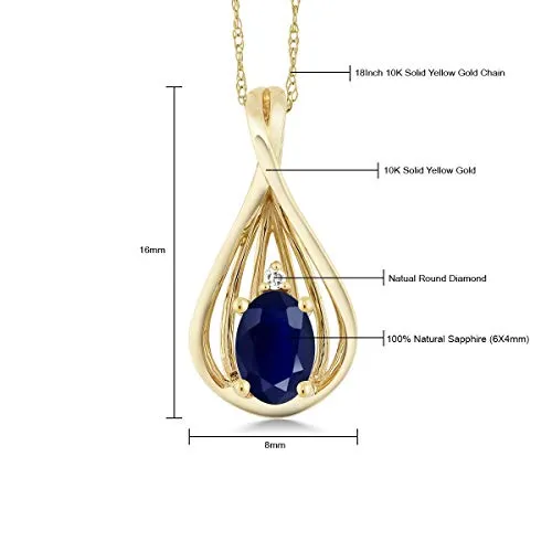 Gem Stone King 10K Yellow Gold Blue Sapphire and Diamond Teardrop Pendant Necklace For Women 0.55 cttw Oval with 18 Inch Chain