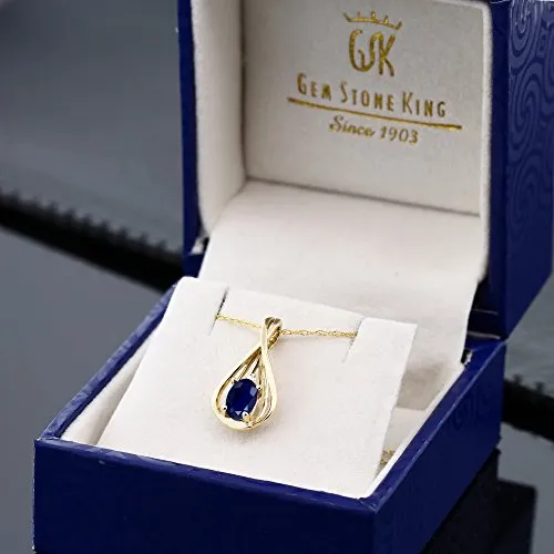 Gem Stone King 10K Yellow Gold Blue Sapphire and Diamond Teardrop Pendant Necklace For Women 0.55 cttw Oval with 18 Inch Chain