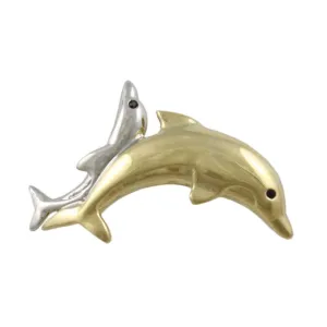 Gold and Silver Piggyback Dolphins Brooch Pin - PRS634