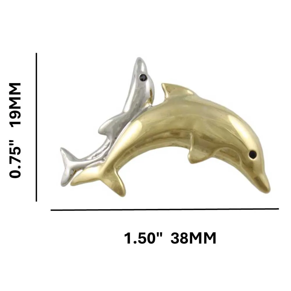Gold and Silver Piggyback Dolphins Brooch Pin - PRS634