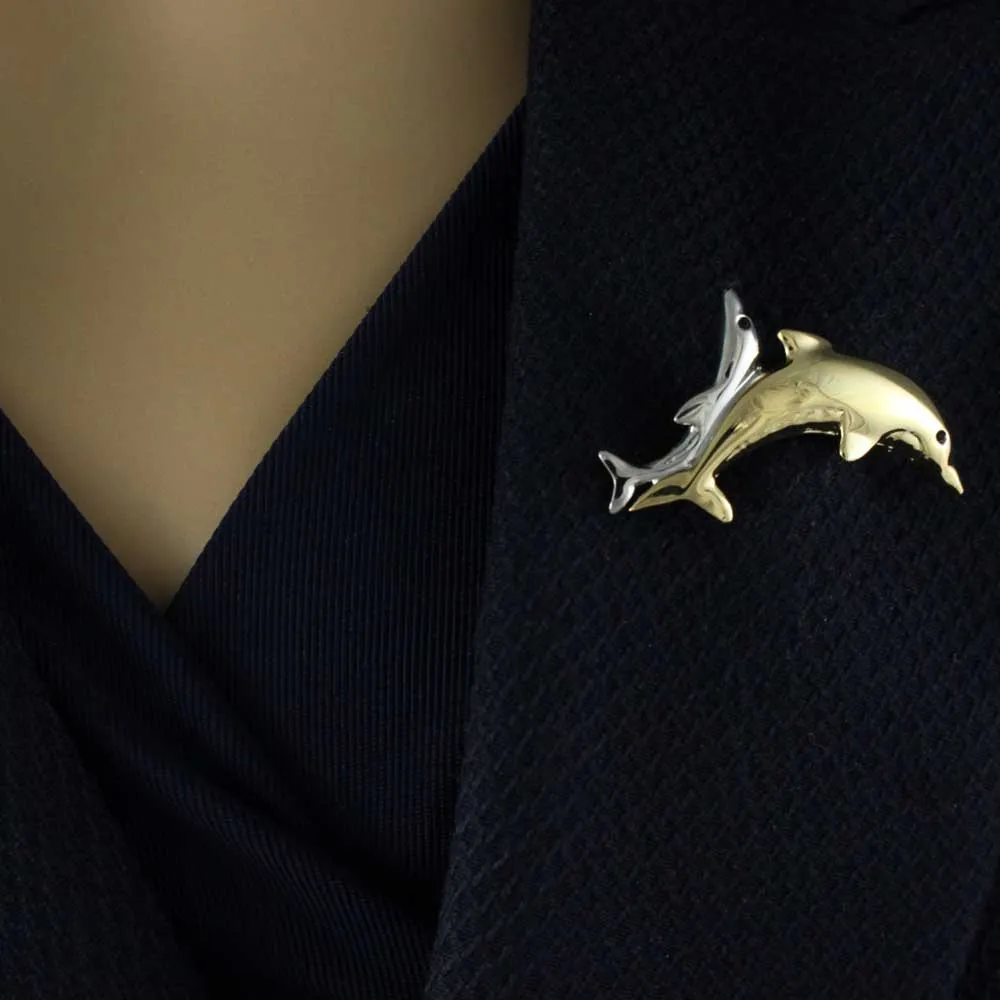 Gold and Silver Piggyback Dolphins Brooch Pin - PRS634