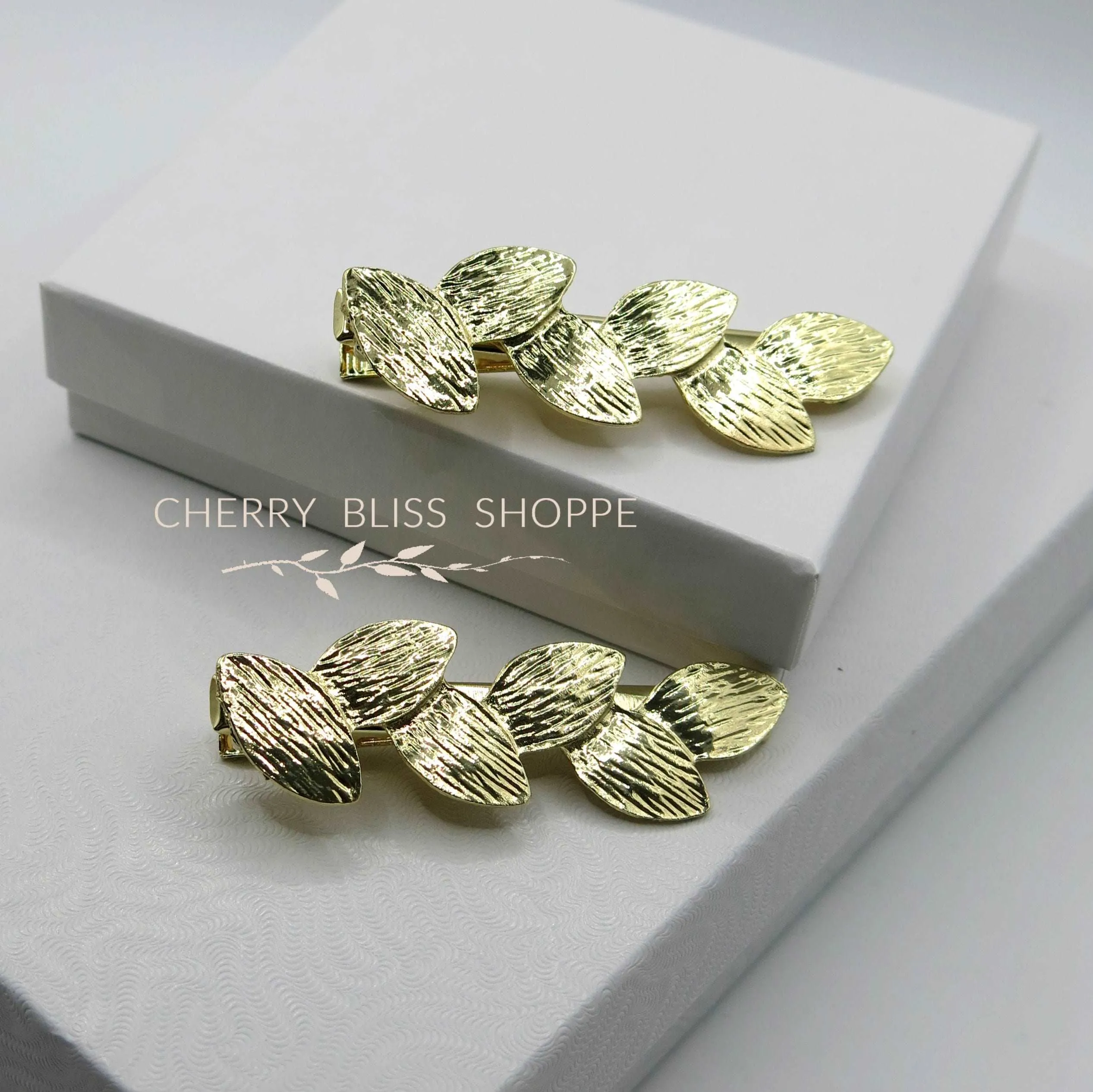 Gold Leaf 2 PC Alligator Hair Clip Set, Roman Leaf Boho Wedding Gold Leaf Small Headpiece Set