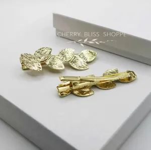 Gold Leaf 2 PC Alligator Hair Clip Set, Roman Leaf Boho Wedding Gold Leaf Small Headpiece Set