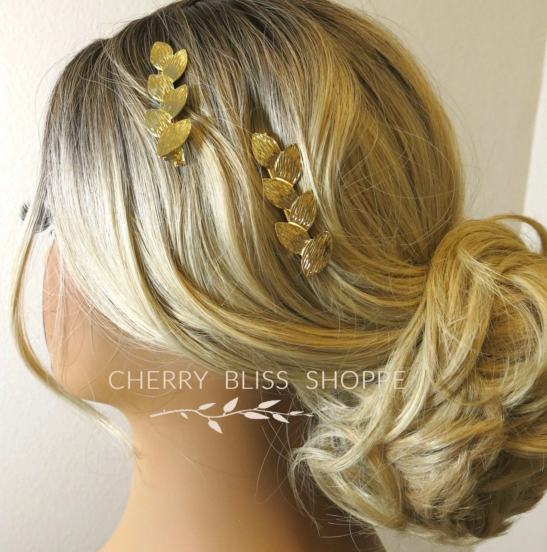 Gold Leaf 2 PC Alligator Hair Clip Set, Roman Leaf Boho Wedding Gold Leaf Small Headpiece Set