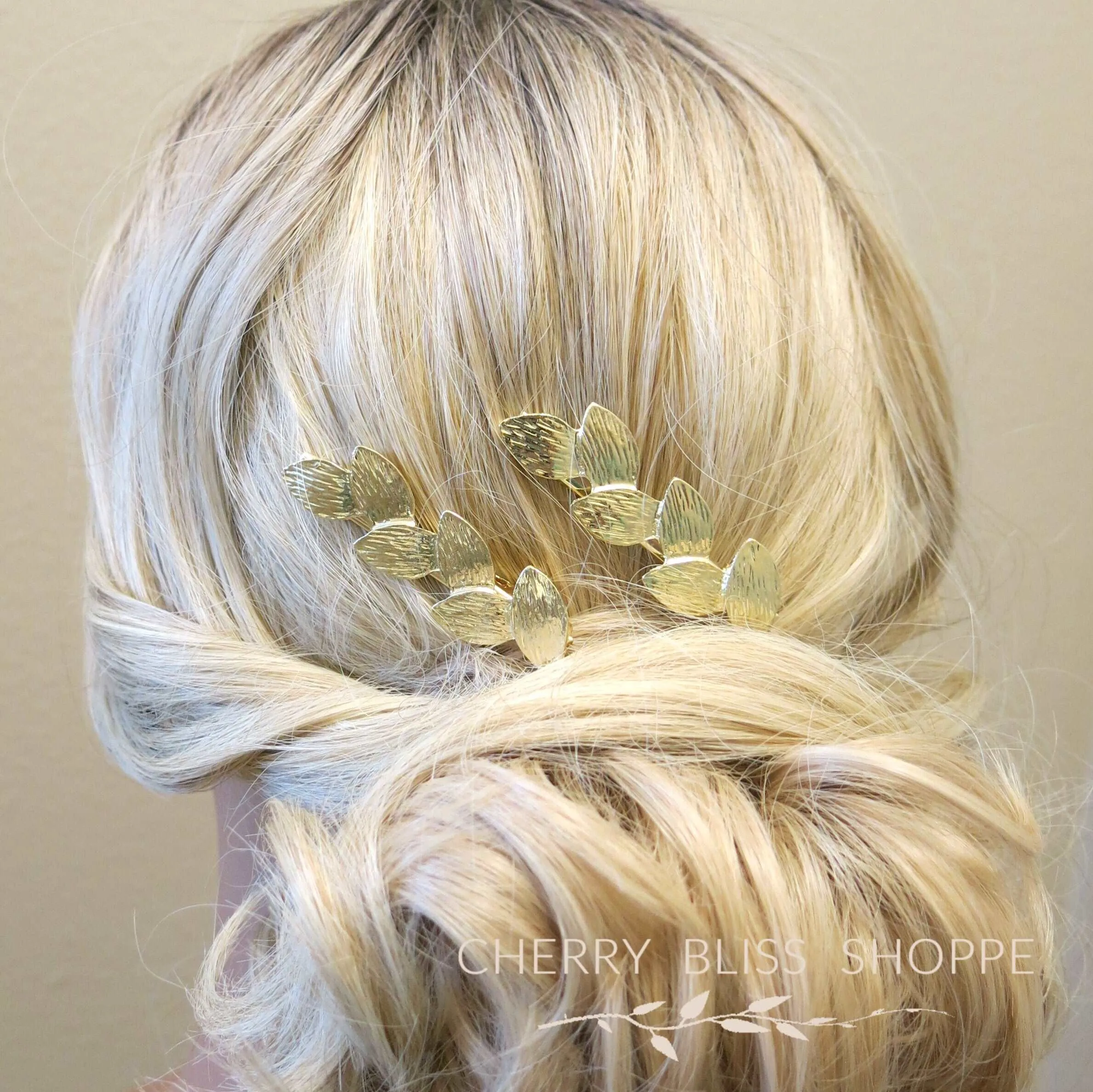 Gold Leaf 2 PC Alligator Hair Clip Set, Roman Leaf Boho Wedding Gold Leaf Small Headpiece Set