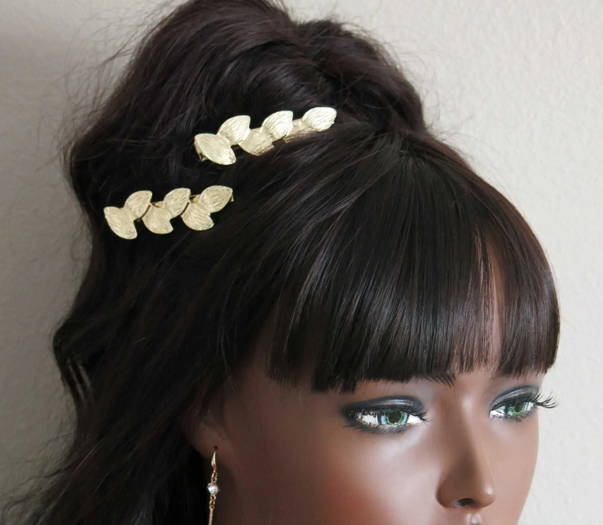 Gold Leaf 2 PC Alligator Hair Clip Set, Roman Leaf Boho Wedding Gold Leaf Small Headpiece Set