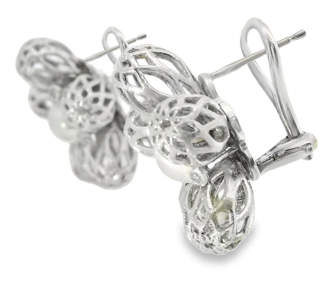 Gorgeous 14K White Gold Pearl Diamond Filigree Lace Floral Earrings
